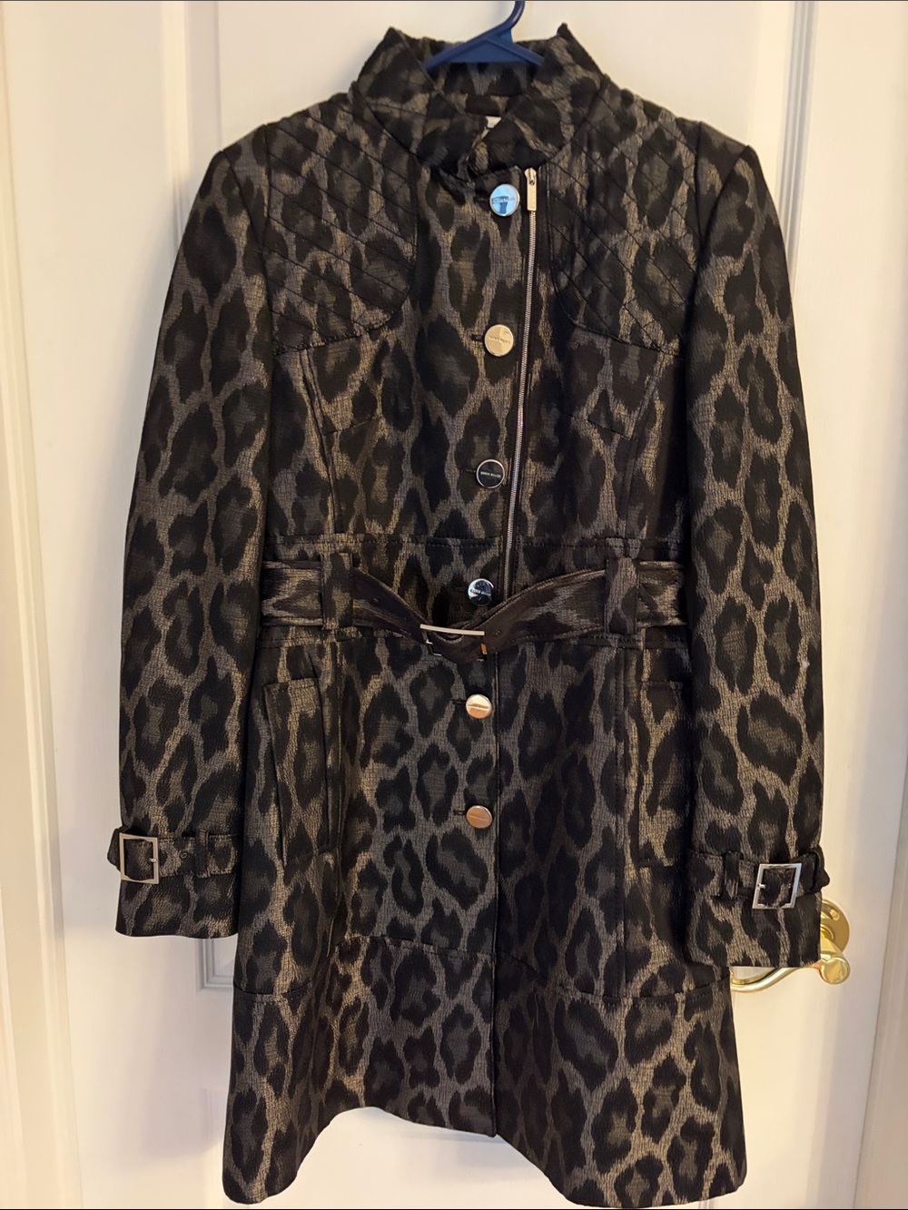 Karen Millen ($680) Women's Black Leopard Jacquard A-Line Coat